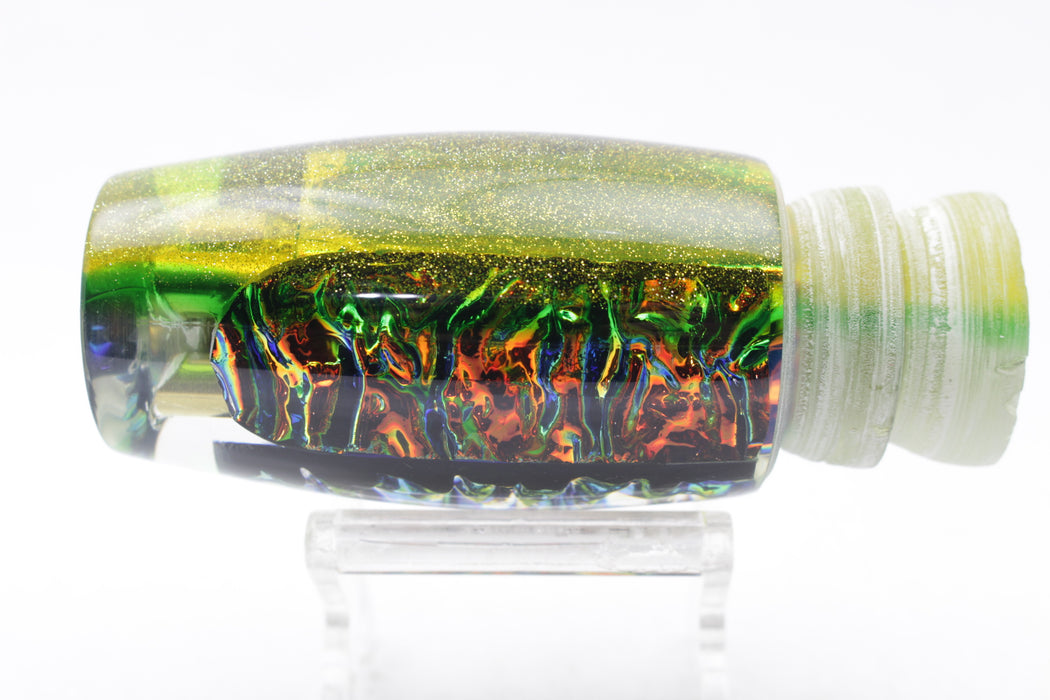 Coggin Lures Fire Yellow-Green Back Dichro Glass 4-Hole Copalure Invert 12" 7.7oz