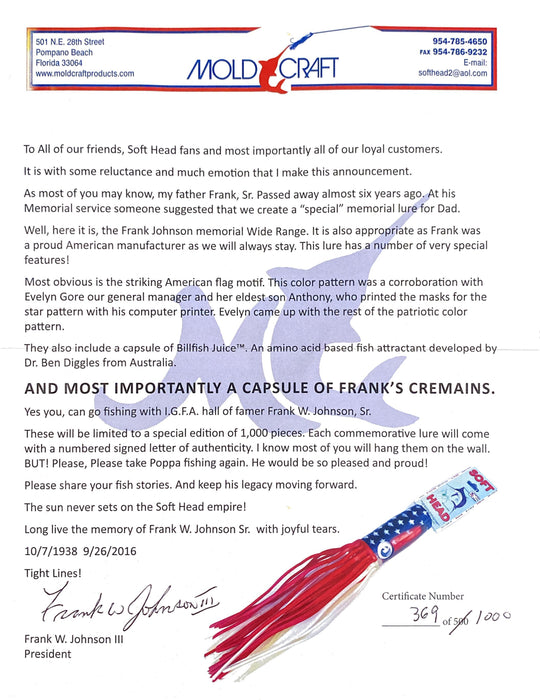 Mold Craft Limited Edition 369/1000 Frank Johnson Sr. Memorial Senior Wide Range 12" 6.5oz GZE