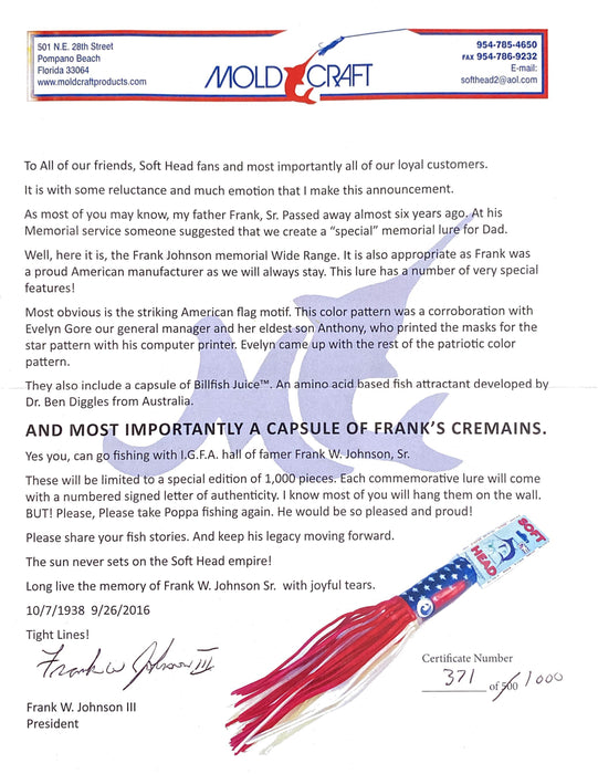 Mold Craft Limited Edition 371/1000 Frank Johnson Sr. Memorial Senior Wide Range 12" 6.5oz GZE