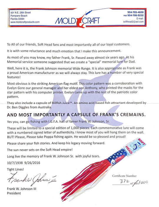 Mold Craft Limited Edition 372/1000 Frank Johnson Sr. Memorial Senior Wide Range 12" 6.5oz GZE