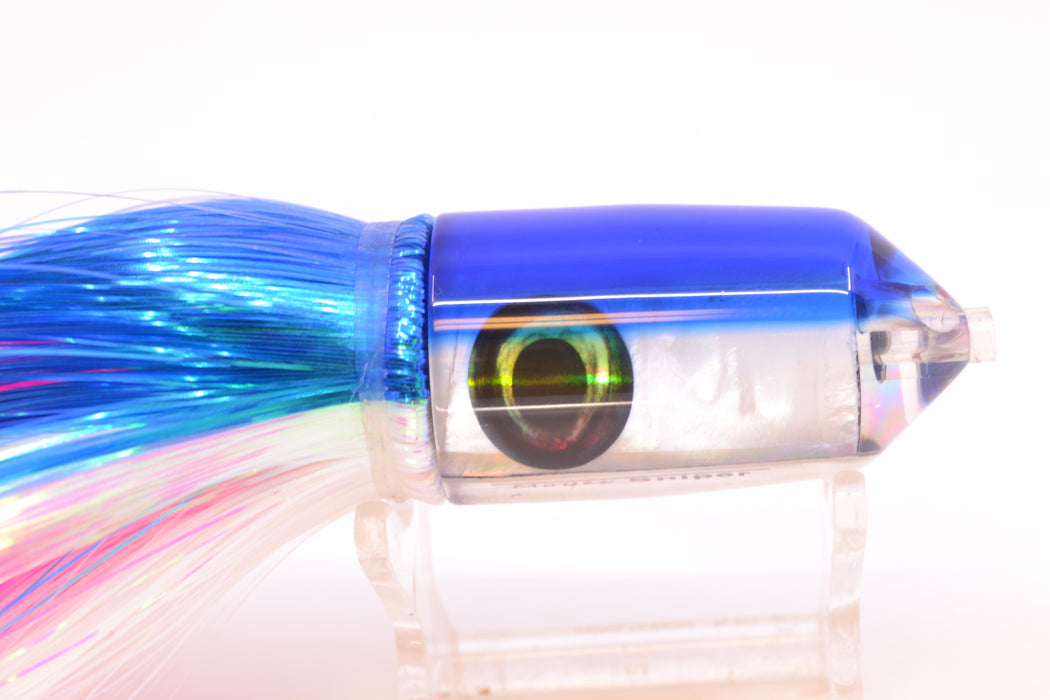 Moyes Lures White MOP Blue Back 2-Hole Small Sniper Jet 9" 5.7oz Strobez Blue-White