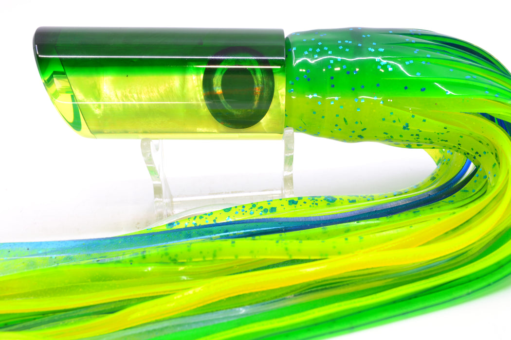 Moyes Lures Chartreuse MOP Green Back Medium Pipe Bomb 12" 7.5oz Skirted Mahi