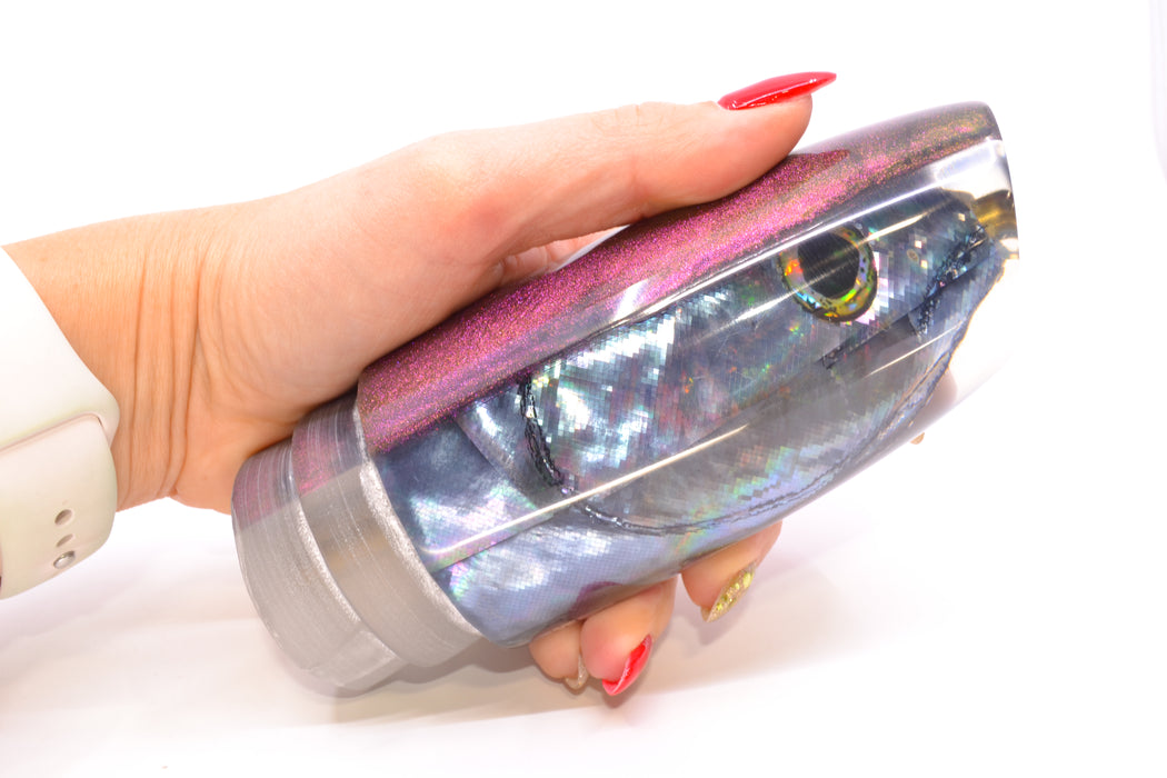 Ali'i Kai Lures Silver Shell Purple-Gold Chameleon Back Fish Head XL Plunger 16" 14oz GZE