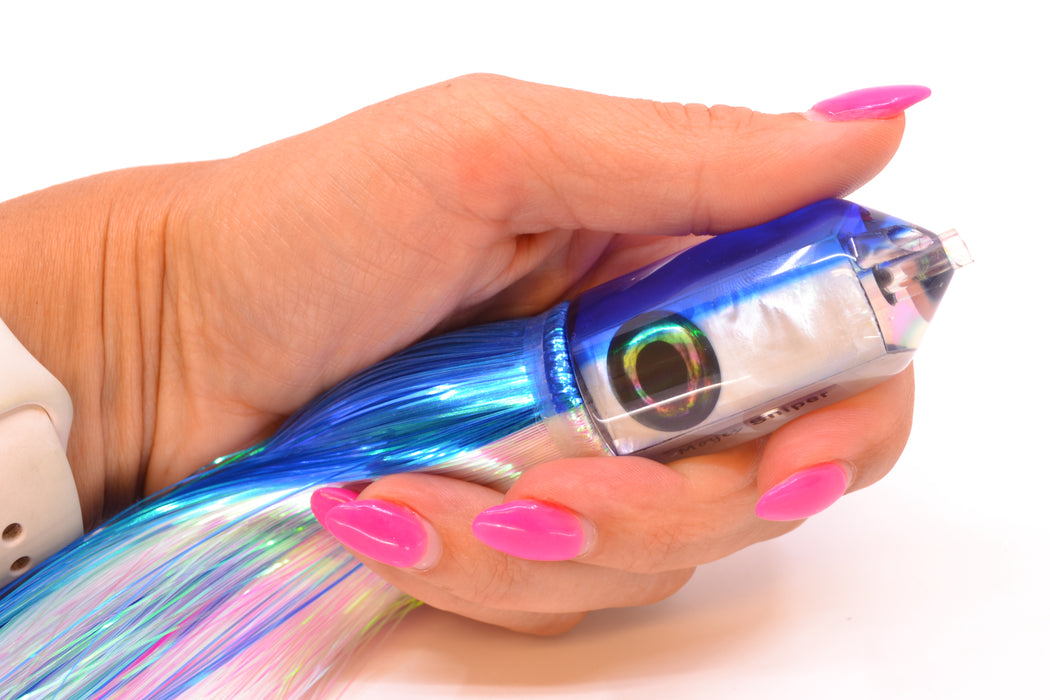 Moyes Lures White MOP Blue Back 2-Hole Small Sniper Jet 9" 5.7oz Strobez Blue-White