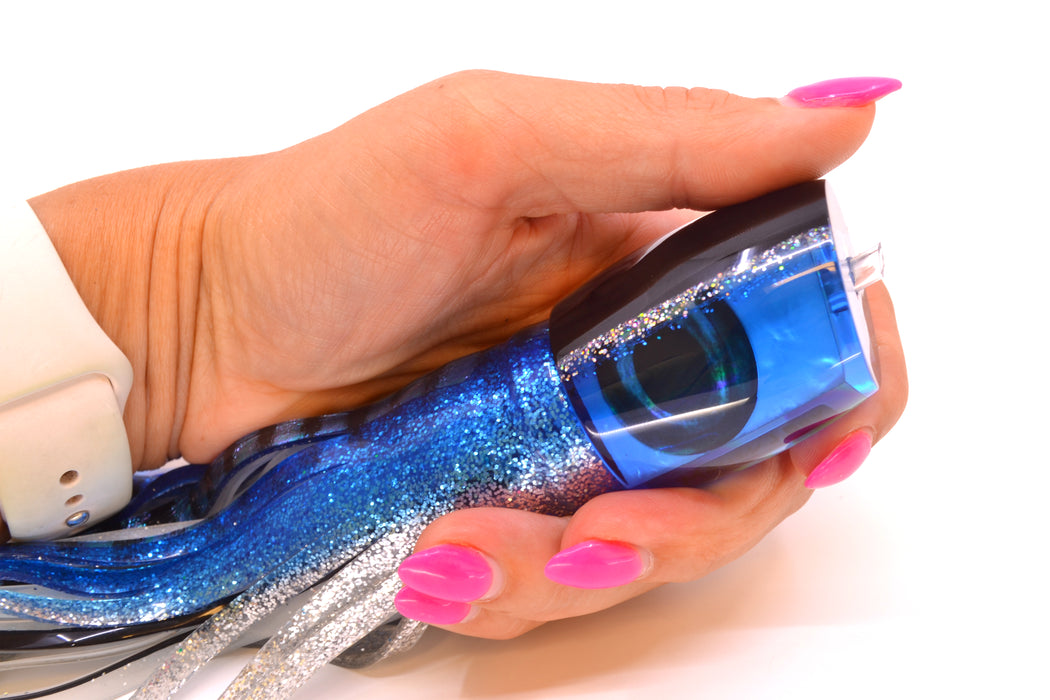 Moyes Lures Blue MOP Black-Silver Back Medium J-Boy 12" 7oz Skirted Blue Aurora