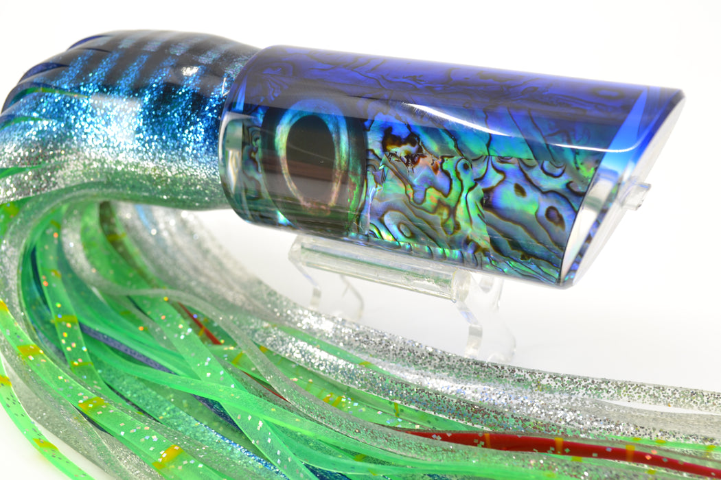 Moyes Lures Paua Shell Blue Back Large Pipe Bomb 14" 12.3oz Skirted Blue-Silver-Green