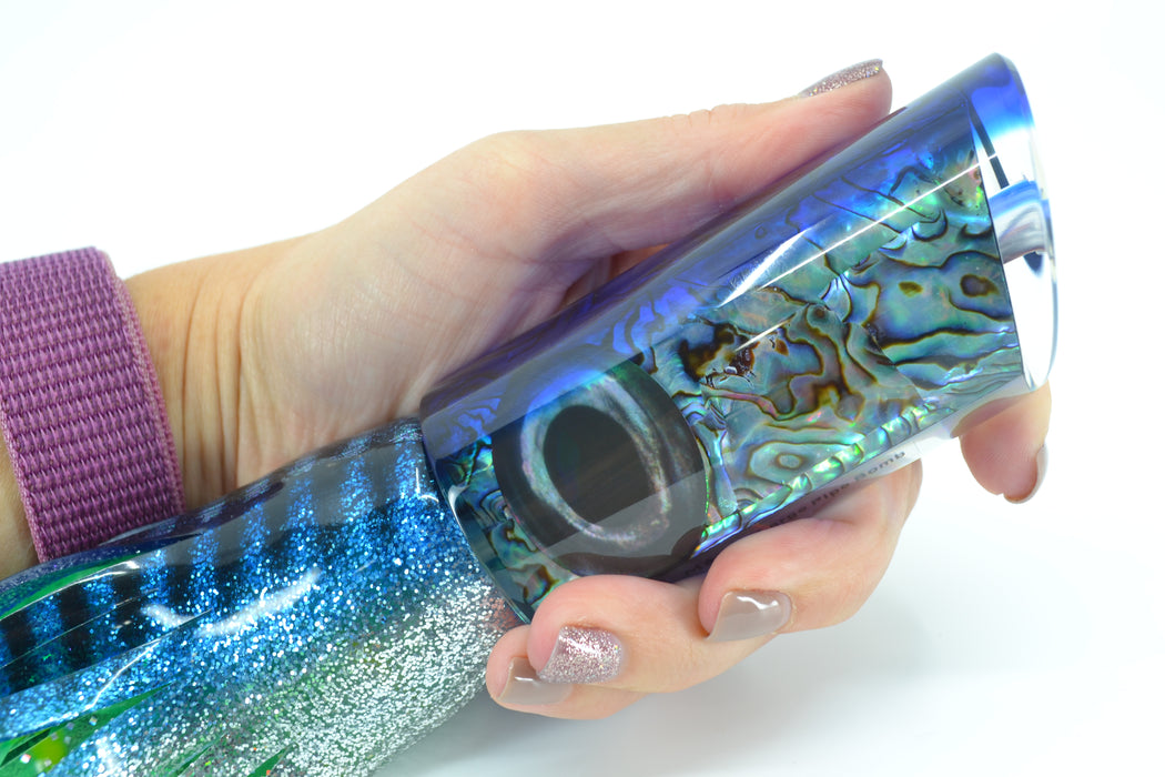 Moyes Lures Paua Shell Blue Back Large Pipe Bomb 14" 12.3oz Skirted Blue-Silver-Green