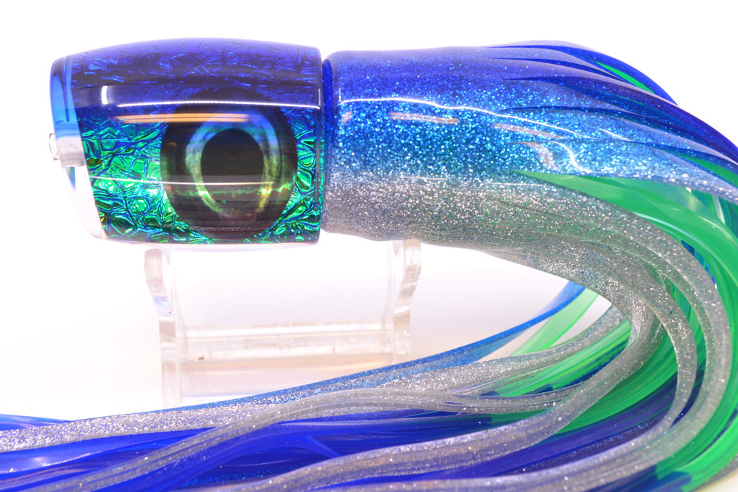 Moyes Lures Blue-Green Oil Slick Blue Back Medium J-Boy 12" 7oz Skirted Blue-Silver