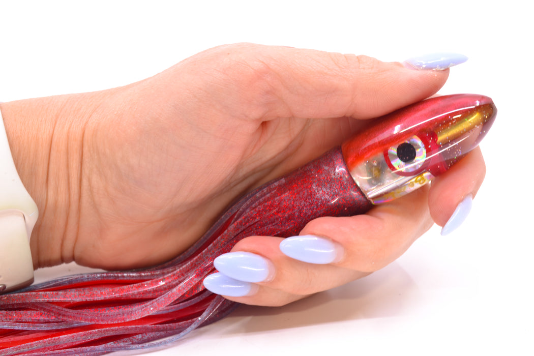 Bomboy Lures White Abalone Red Back Round Mini Bomb 5" 2oz Skirted Red Glitter/Red