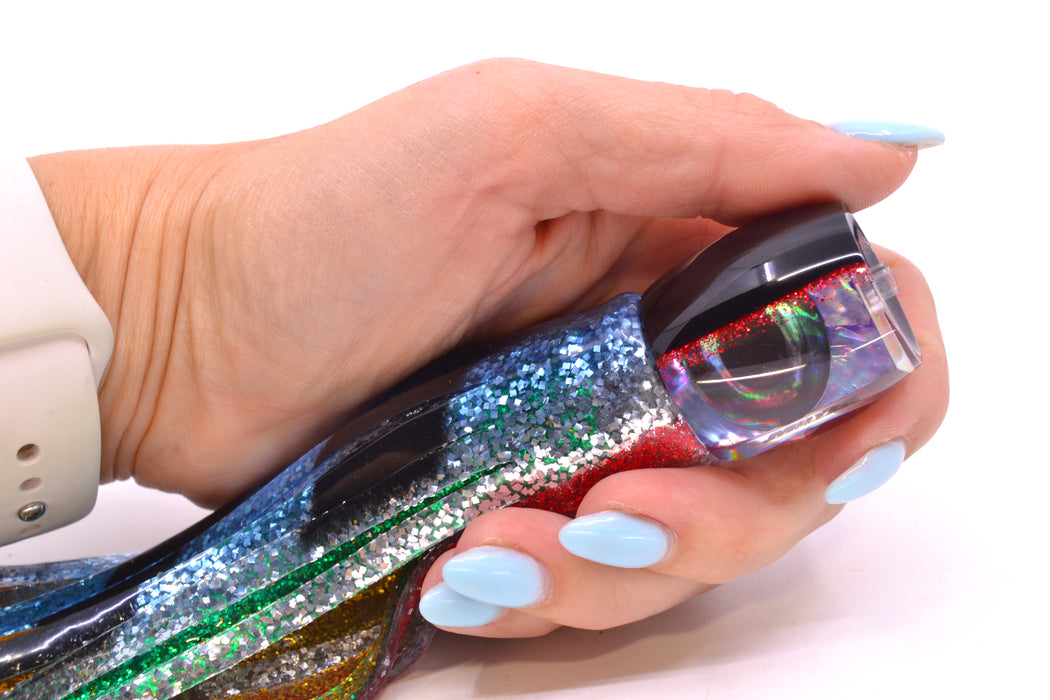 Moyes Lures Rainbow MOP Black-Red Back Taxi Eyes Small Secret 9" 3oz Skirted Evil