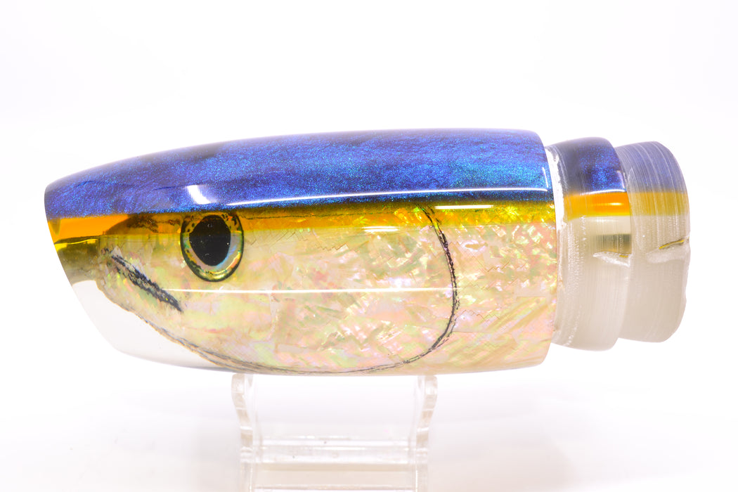 Ali'i Kai Lures White Shell Blue-Yellow Chameleon Back Fish Head XL Plunger 16" 14oz GZE