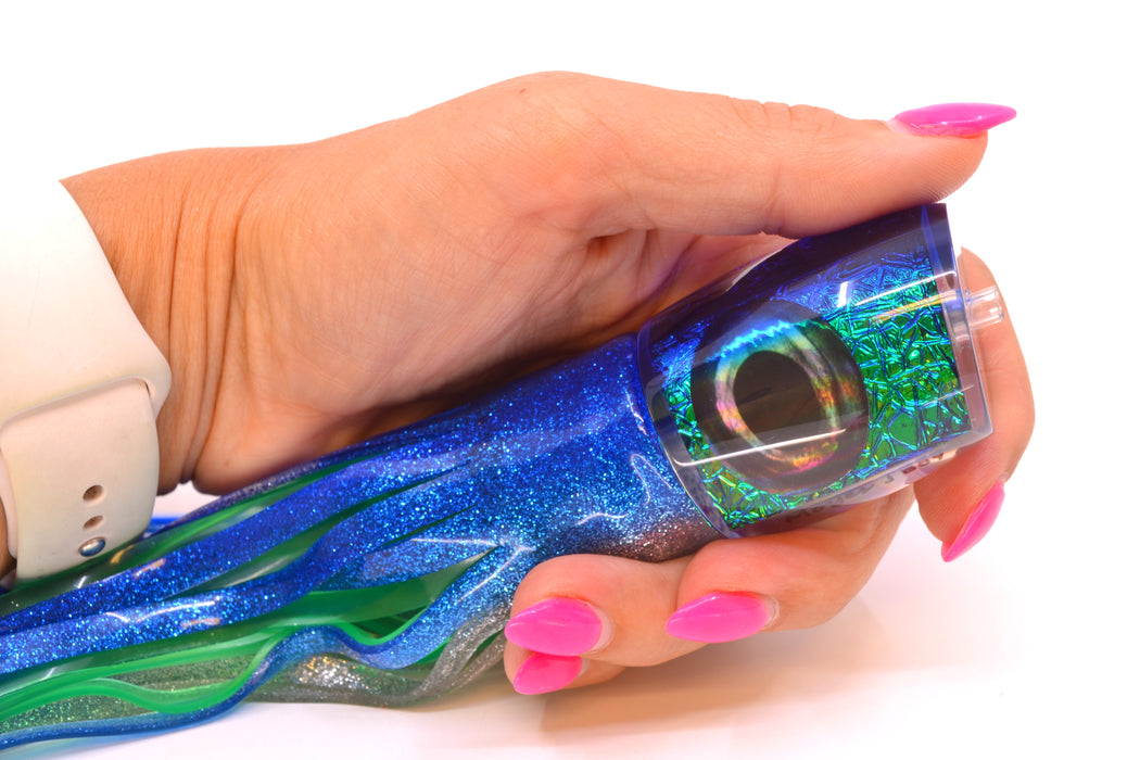 Moyes Lures Blue-Green Oil Slick Blue Back Medium J-Boy 12" 7oz Skirted Blue-Silver