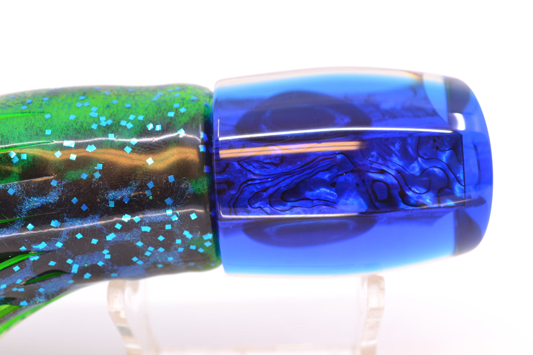 Moyes Lures Paua Shell Blue Back Medium J-Boy 12" 7oz Skirted Black Dots-Blue Dots