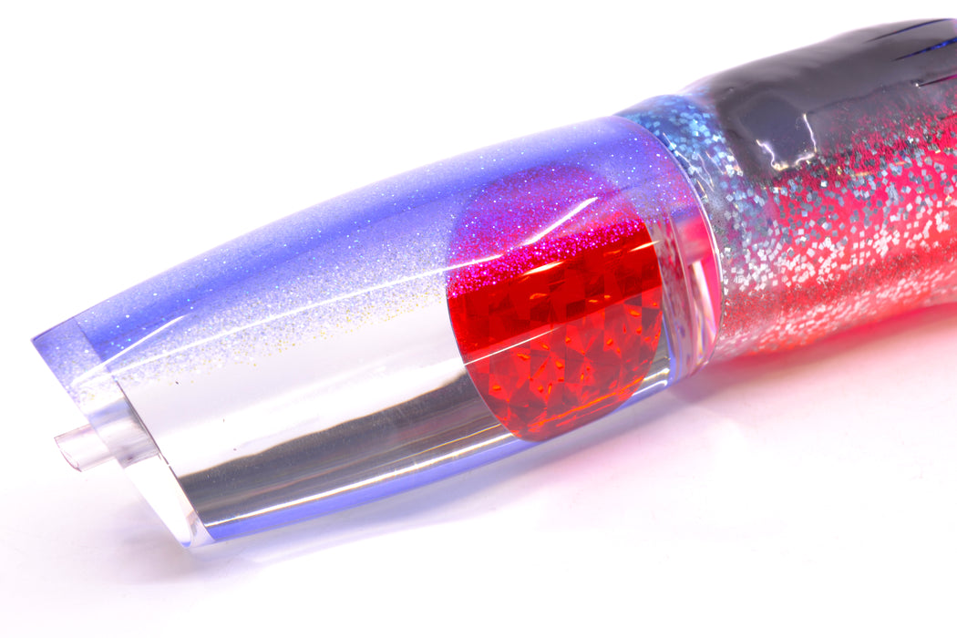 Moyes Lures Clear Mirrored Blue Glittered Back Red Eyes Large Plunger 14" 14oz Skirted