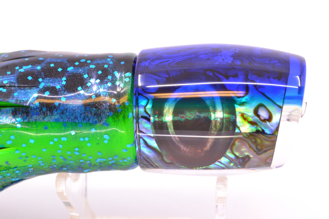 Moyes Lures Paua Shell Blue Back Medium J-Boy 12" 7oz Skirted Black Dots-Blue Dots