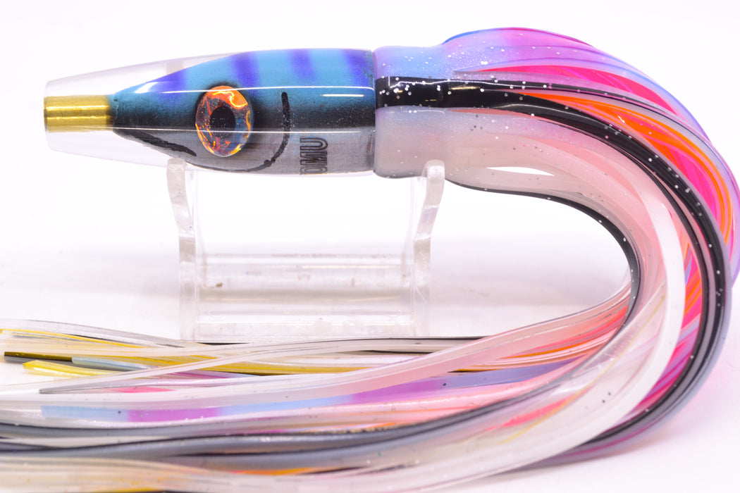Tsutomu Lures Blue & Purple Bars-Black Line Fish Head Poke Invert 6" 3.2oz Skirted Gay Bob