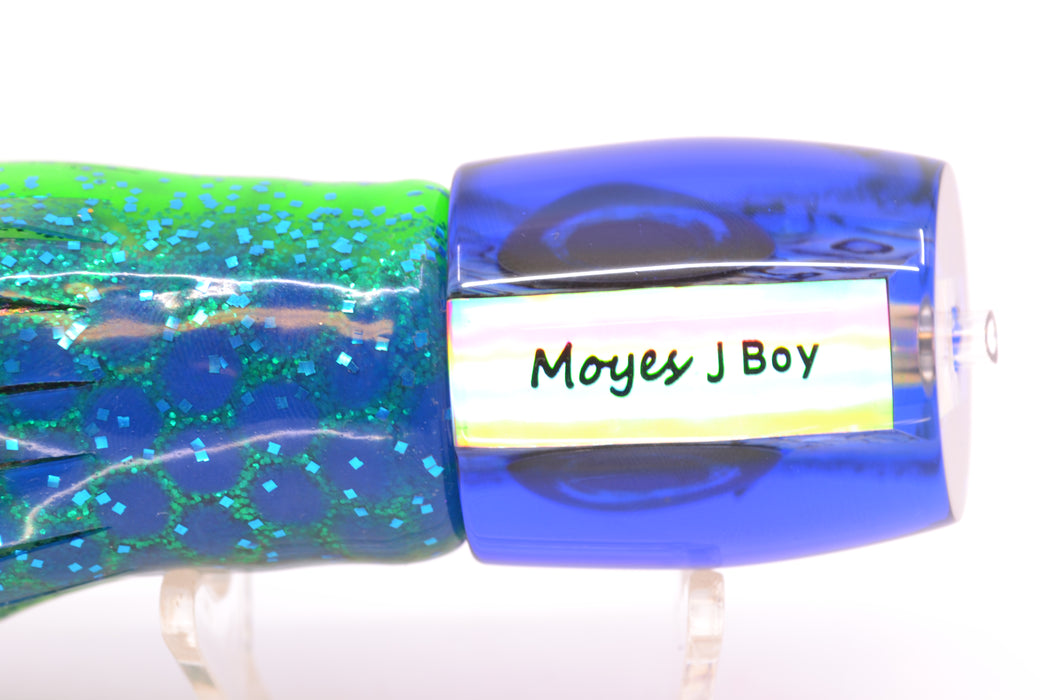 Moyes Lures Paua Shell Blue Back Medium J-Boy 12" 7oz Skirted Black Dots-Blue Dots