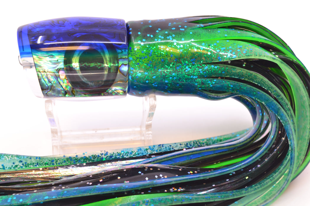 Moyes Lures Paua Shell Blue Back Medium J-Boy 12" 7oz Skirted Black Dots-Blue Dots