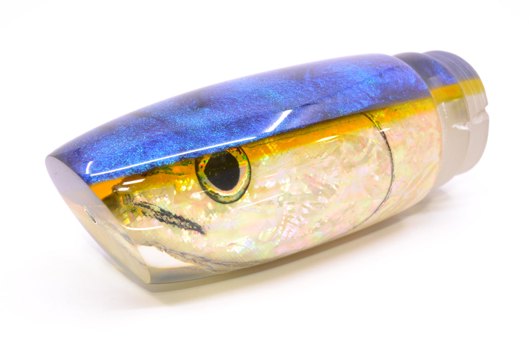 Ali'i Kai Lures White Shell Blue-Yellow Chameleon Back Fish Head XL Plunger 16" 14oz GZE