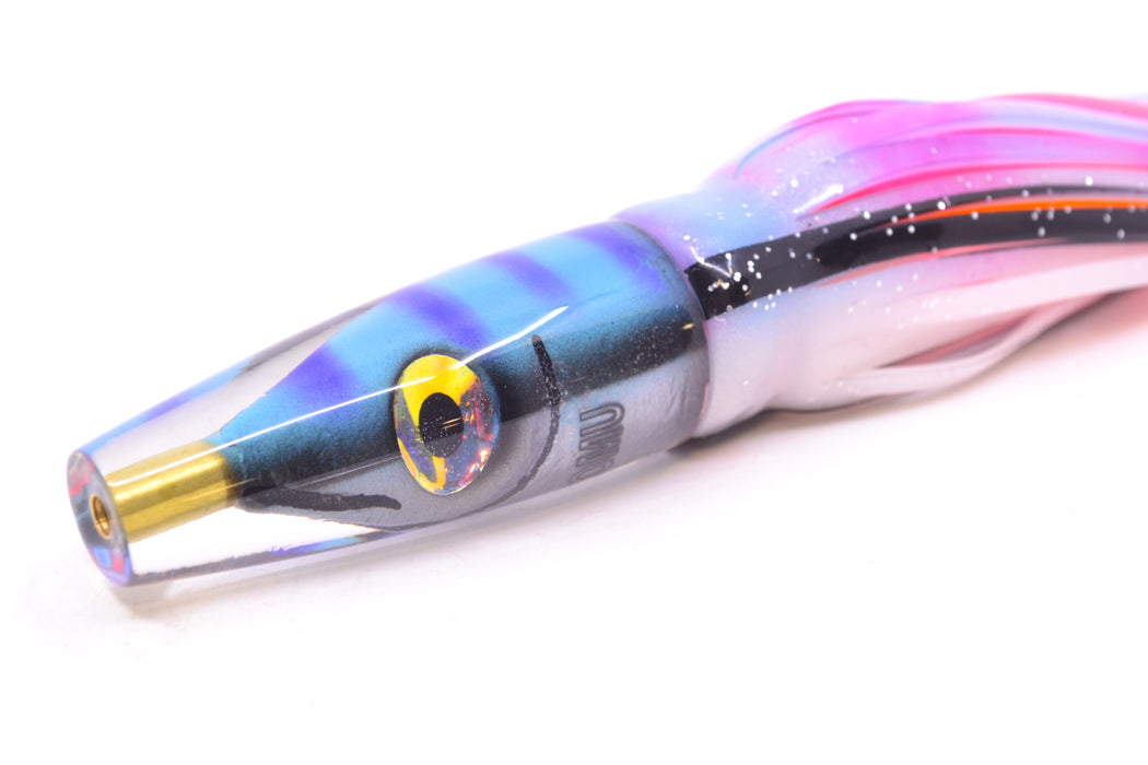 Tsutomu Lures Blue & Purple Bars-Black Line Fish Head Poke Invert 6" 3.2oz Skirted Gay Bob