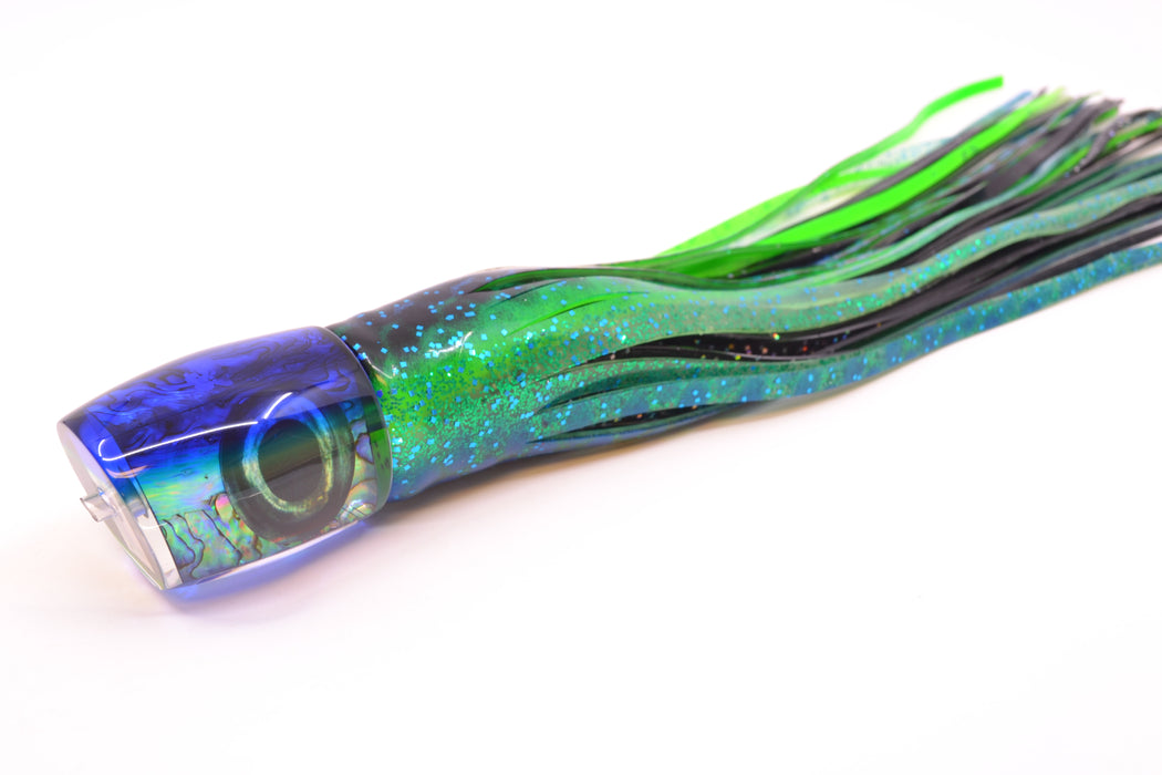 Moyes Lures Paua Shell Blue Back Medium J-Boy 12" 7oz Skirted Black Dots-Blue Dots