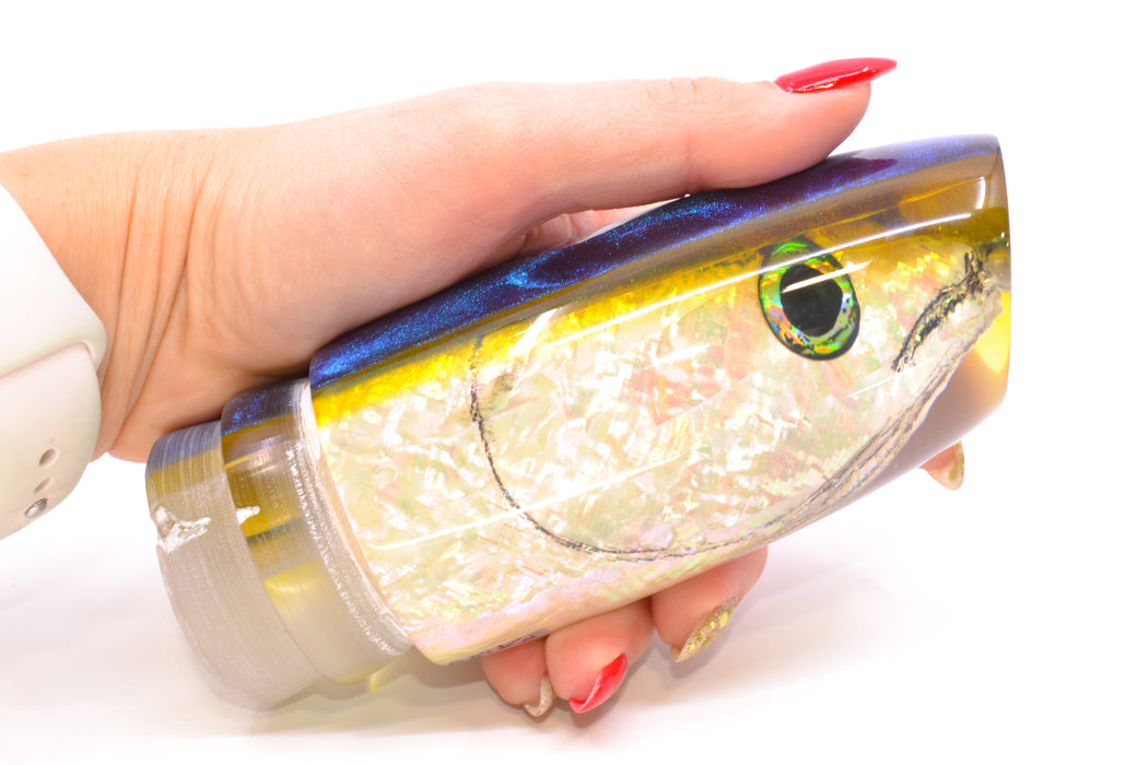 Ali'i Kai Lures White Shell Blue-Yellow Chameleon Back Fish Head XL Plunger 16" 14oz GZE