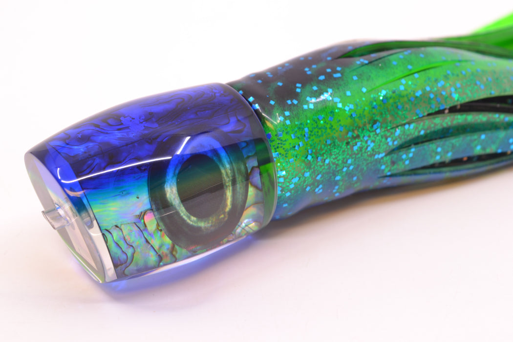 Moyes Lures Paua Shell Blue Back Medium J-Boy 12" 7oz Skirted Black Dots-Blue Dots