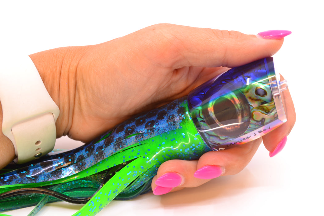 Moyes Lures Paua Shell Blue Back Medium J-Boy 12" 7oz Skirted Black Dots-Blue Dots