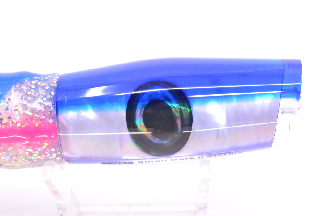 Moyes Lures White MOP Blue Back Small Dark-N-Stormy 9" 4.5oz Skirted Holo-Blue Bars