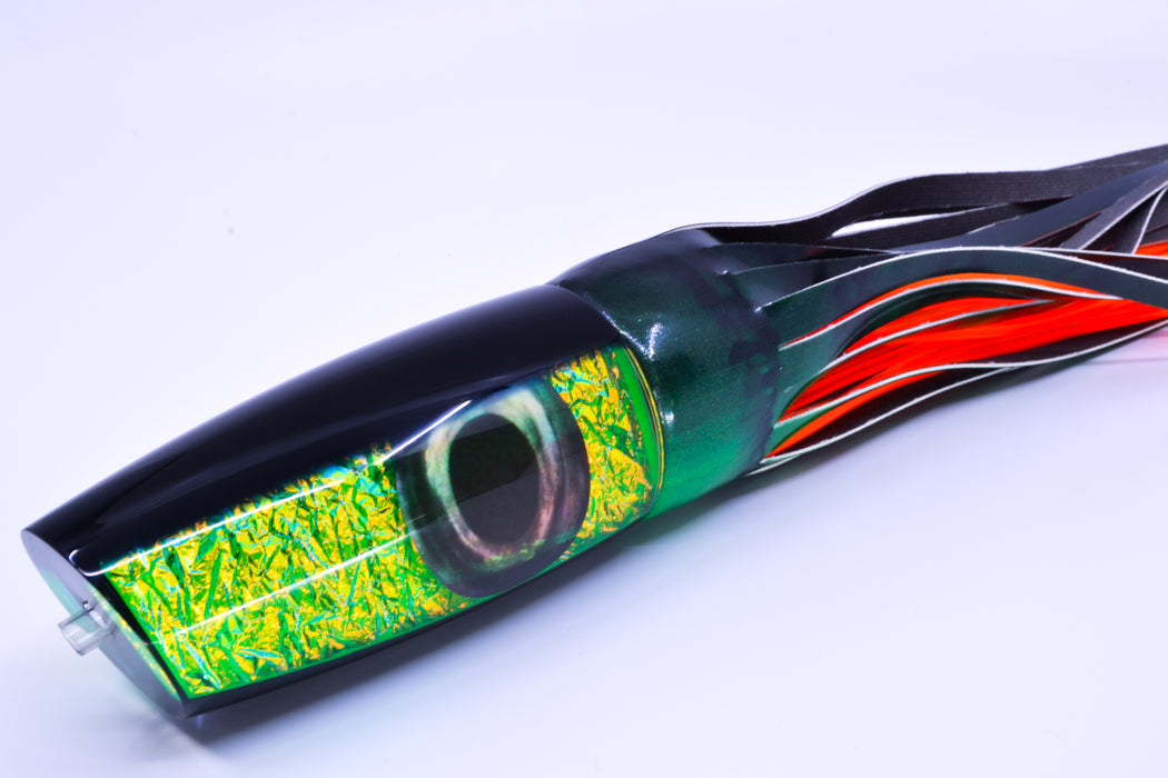 Moyes Lures Green-Orange Dichro Black Back Large Plunger 14" 11oz FT Vinyl Green Tiger