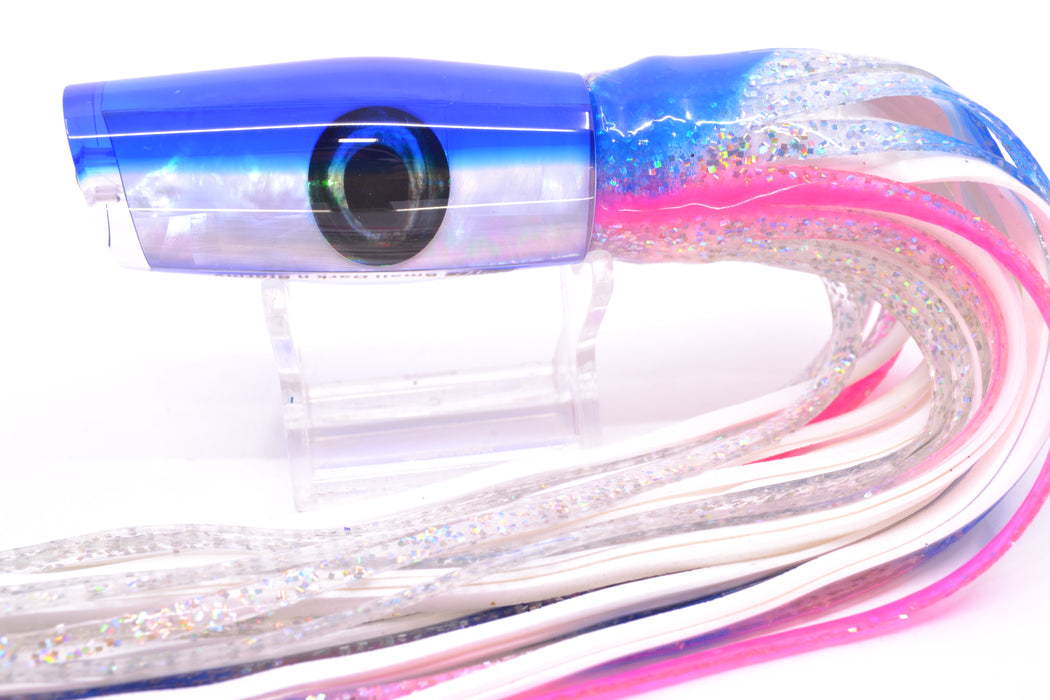 Moyes Lures White MOP Blue Back Small Dark-N-Stormy 9" 4.5oz Skirted Holo-Blue Bars