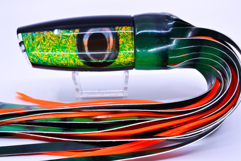 Moyes Lures Green-Orange Dichro Black Back Large Plunger 14" 11oz FT Vinyl Green Tiger