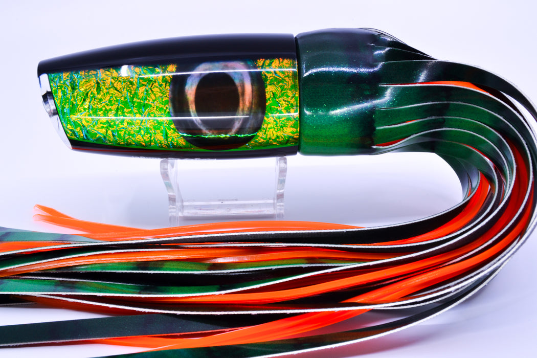 Moyes Lures Green-Orange Dichro Black Back Large Plunger 14" 11oz FT Vinyl Green Tiger
