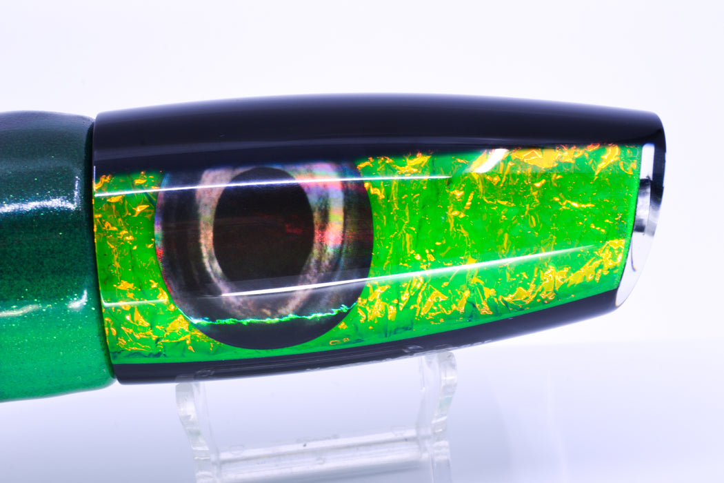 Moyes Lures Green-Orange Dichro Black Back Large Plunger 14" 11oz FT Vinyl Green Tiger