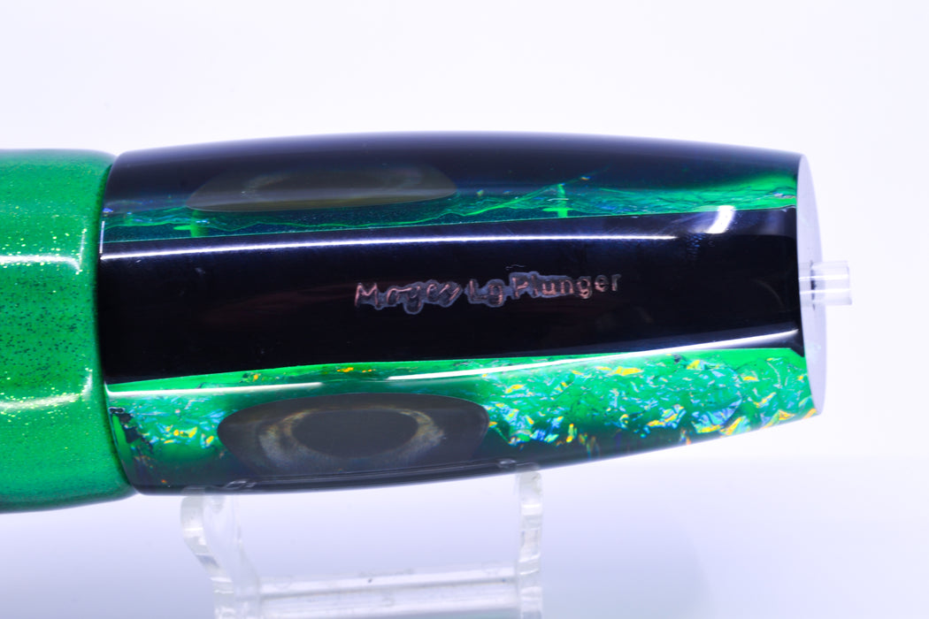 Moyes Lures Green-Orange Dichro Black Back Large Plunger 14" 11oz FT Vinyl Green Tiger