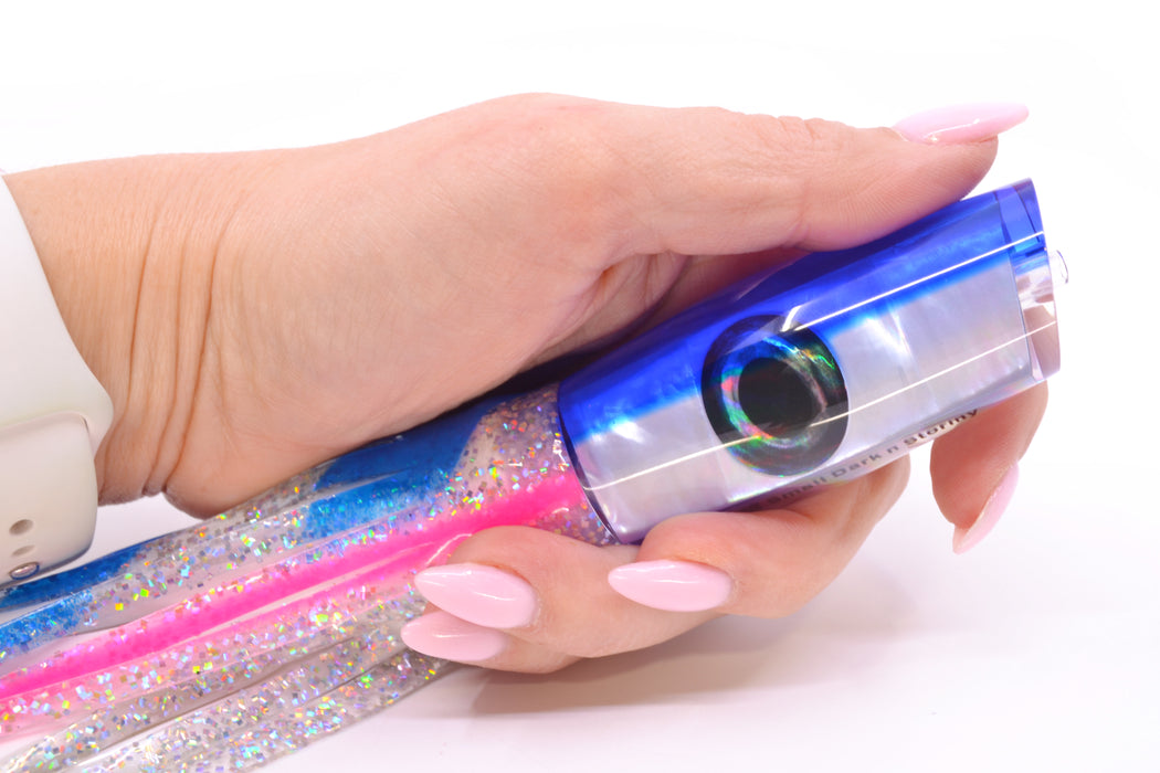 Moyes Lures White MOP Blue Back Small Dark-N-Stormy 9" 4.5oz Skirted Holo-Blue Bars