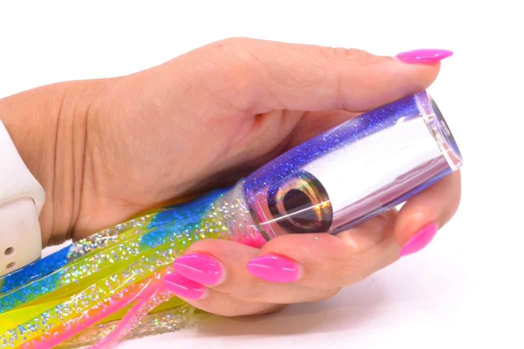 Moyes Lures Clear Mirrored Blue Glitter Back Taxi Eyes Small Shotgun 9" 4oz Skirted GZE