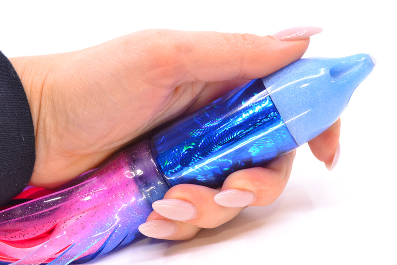 Jackpot Lures Blue Pearl Nose Rainbow Swirl 4-Hole Big Blue 12" 14.5oz Skirted Purple-Blue