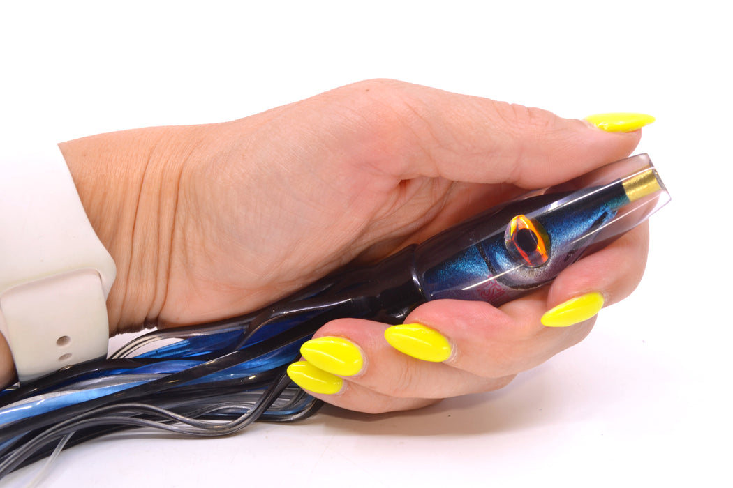 Tsutomu Lures Black-Blue-Silver Fish Head Poke Invert 6" 3.2oz Skirted Black Skipjack