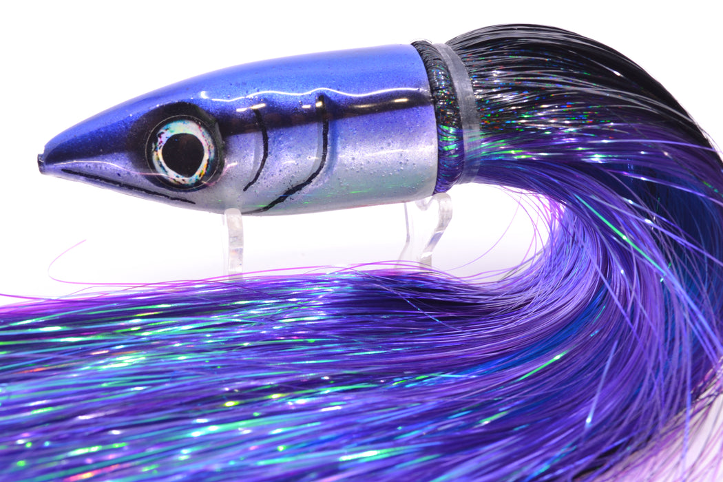 Tsutomu Lures Purple-Black-White Non-Jetted Kona Dragon 9"+ 8oz Strobez Black-Purple