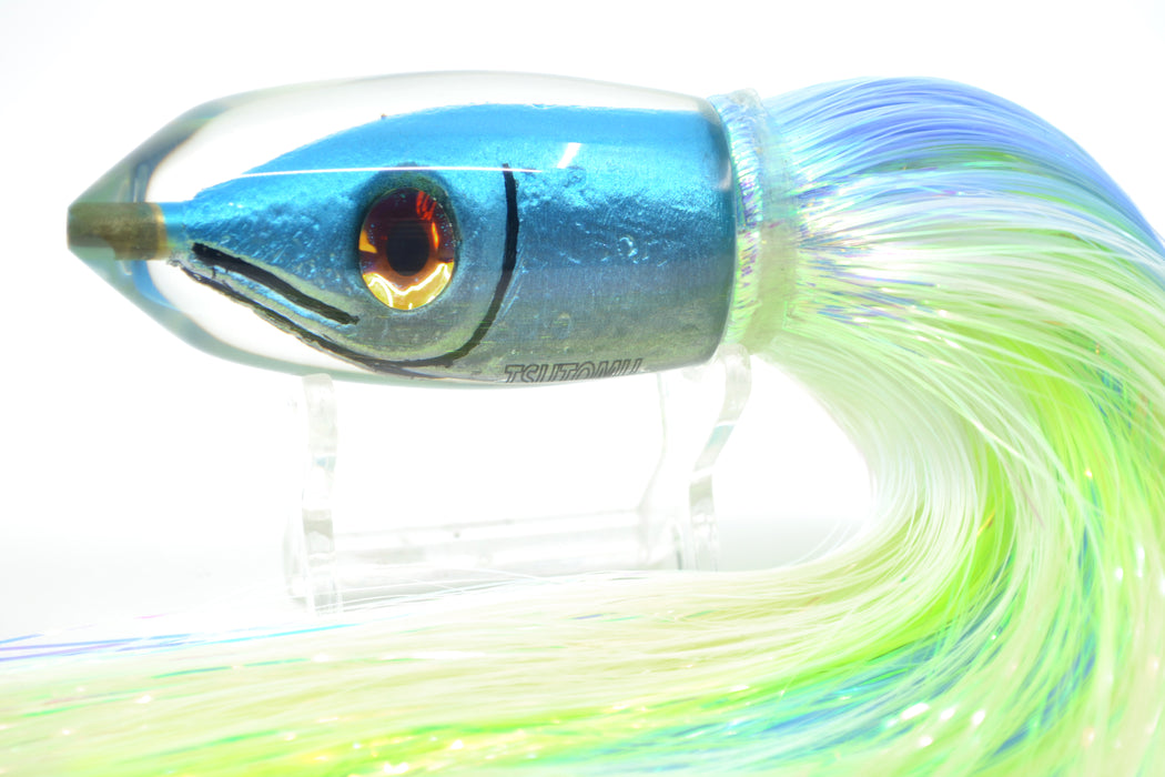 Tsutomu Lures Ice Blue-Silver Fish Head Moke Bullet 9 5.6oz Flashabou — GZ  Lures Big Game Supply