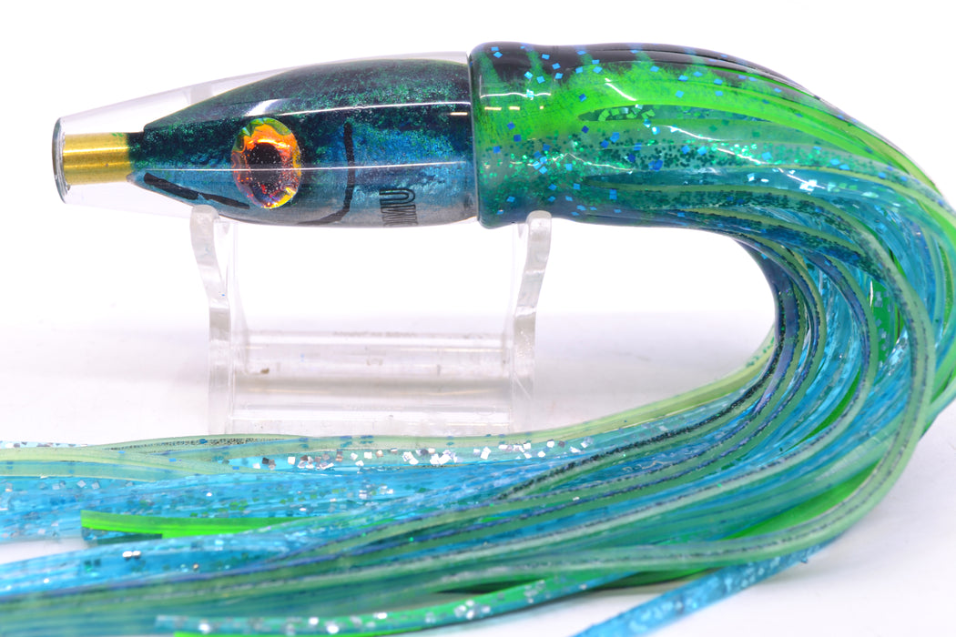 Tsutomu Lures Black/Green-Blue-Silver Fish Head Poke Invert 6" 3.2oz Skirted