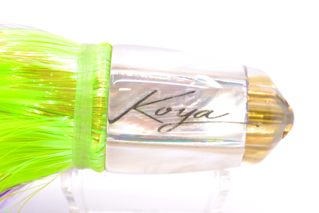 Koya Lures White MOP 4-Hole Bullet 9"+ 7oz Strobez Purple-Green