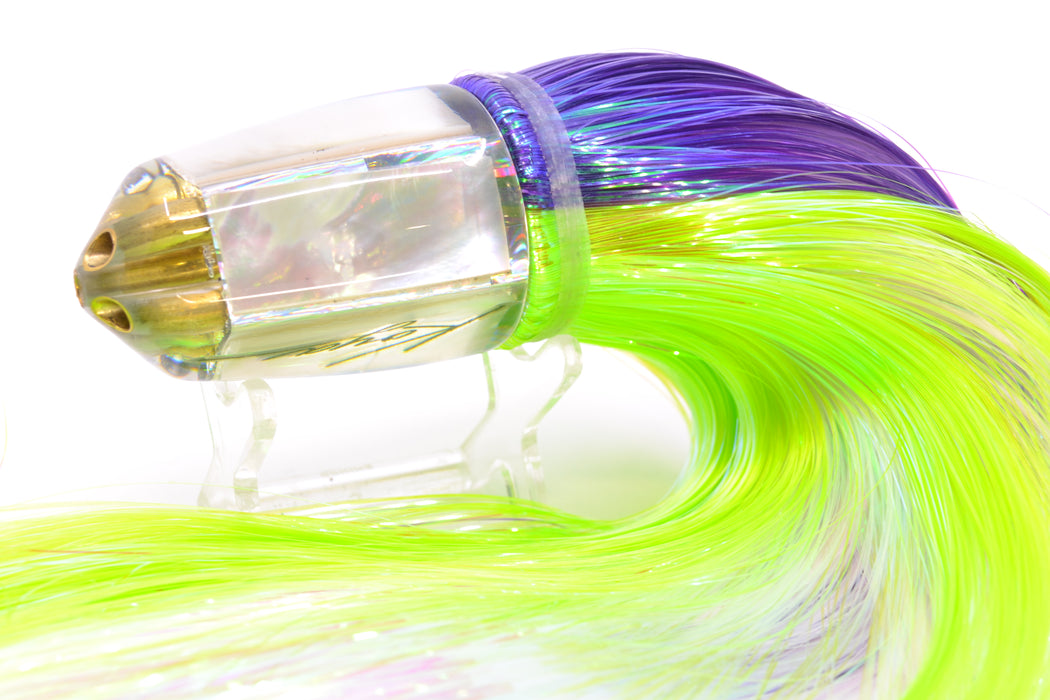 Koya Lures White MOP 4-Hole Bullet 9"+ 7oz Strobez Purple-Green