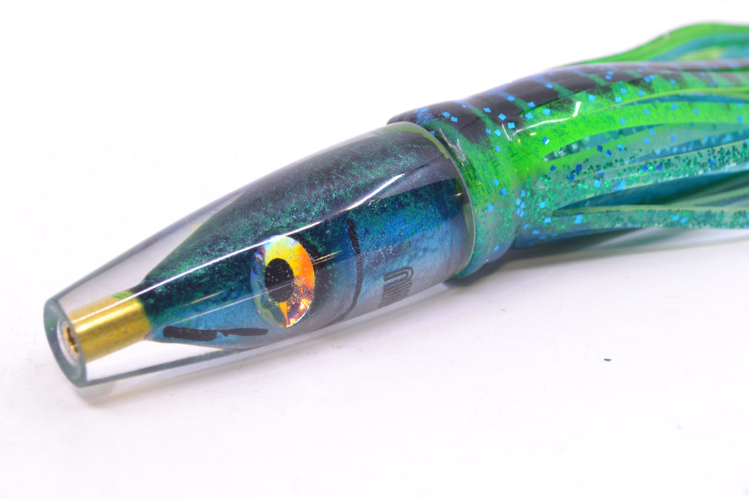 Tsutomu Lures Black/Green-Blue-Silver Fish Head Poke Invert 6" 3.2oz Skirted