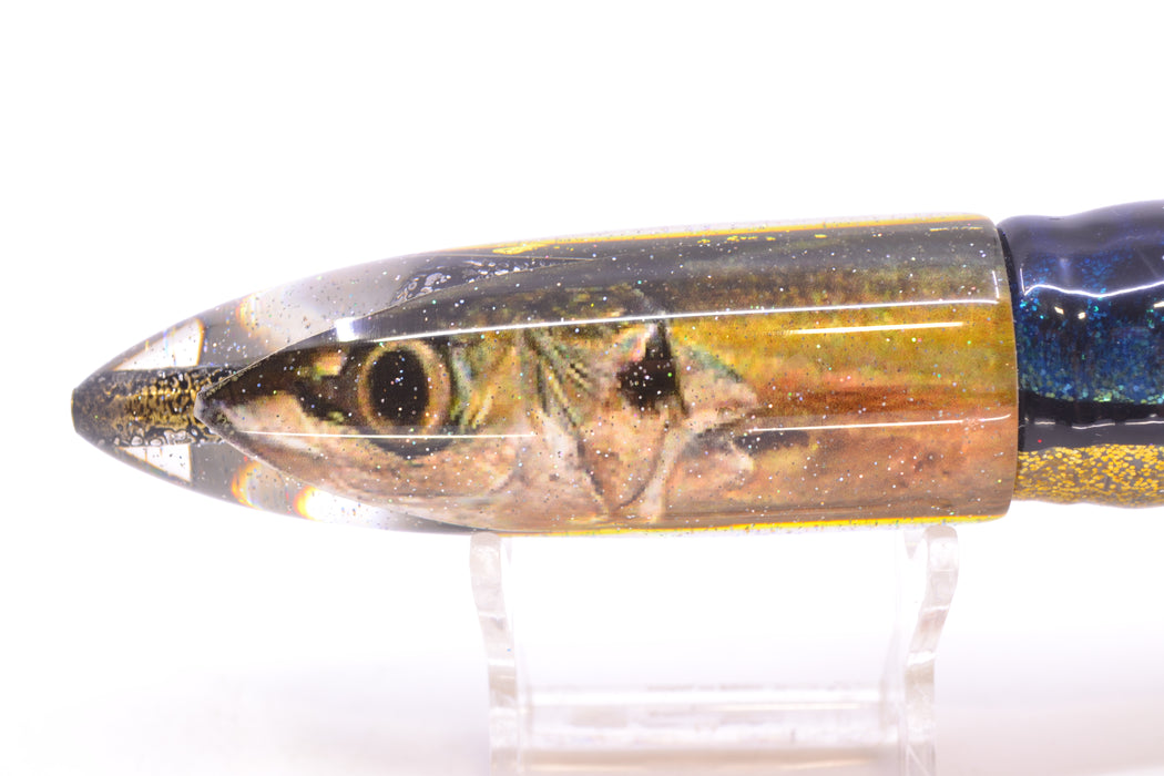 Bomboy Lures Opelu #2 M16 Bullet 9"+ 11oz Skirted Blue with Black Dots-Black-Gold