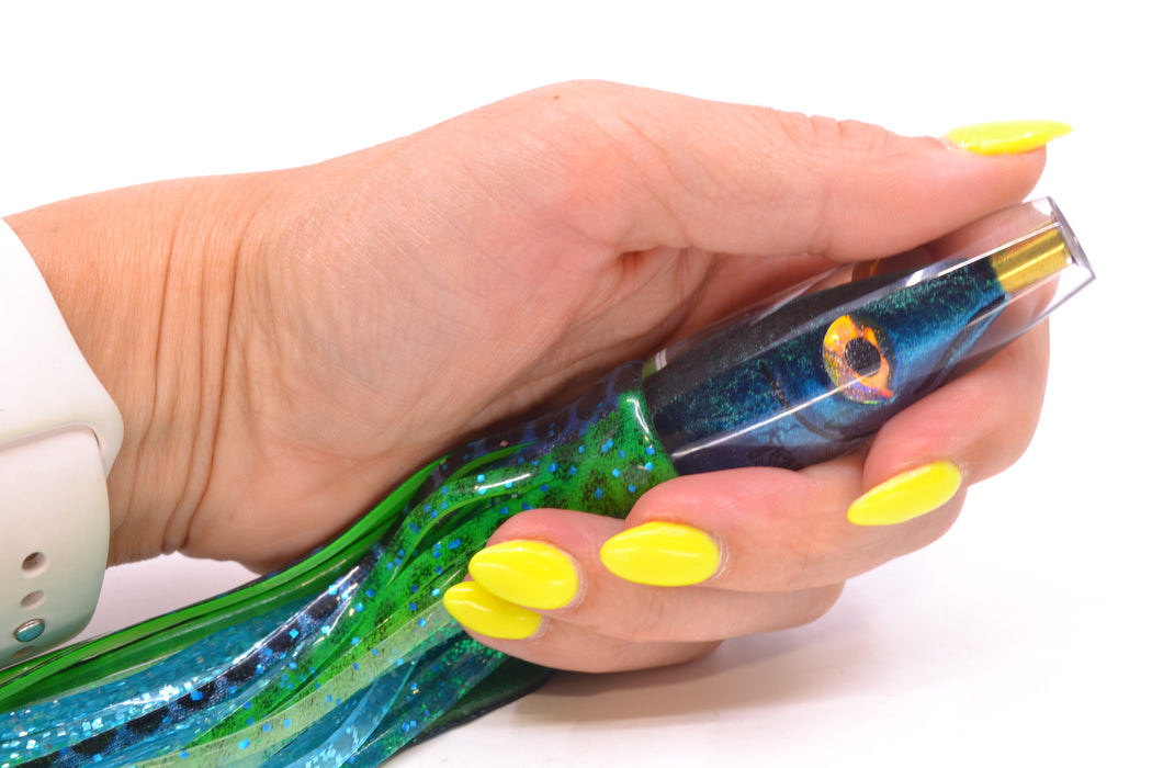 Tsutomu Lures Black/Green-Blue-Silver Fish Head Poke Invert 6" 3.2oz Skirted
