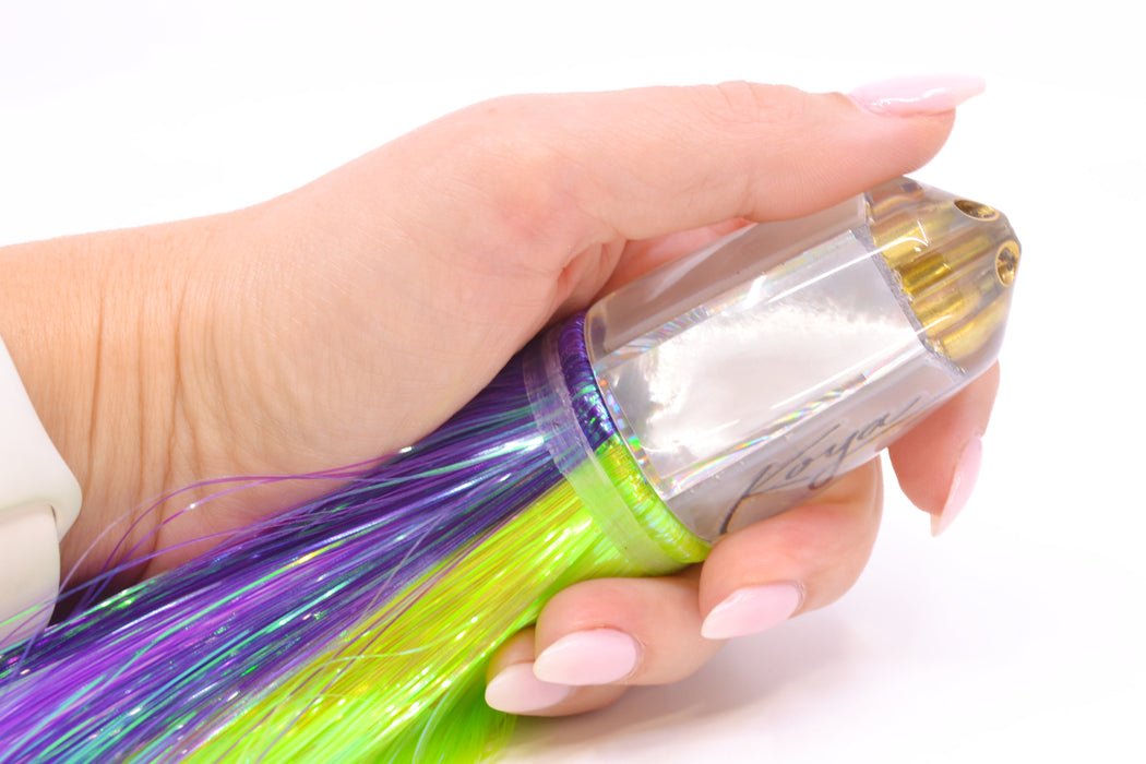 Koya Lures White MOP 4-Hole Bullet 9"+ 7oz Strobez Purple-Green