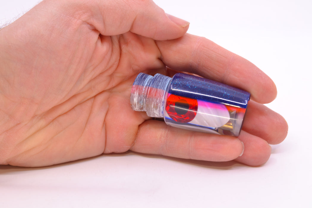 Coggin Lures White MOP Blue Wrap Blue-Pink Back 4-Hole Small Slant Bogie Invert 7" 2.5oz