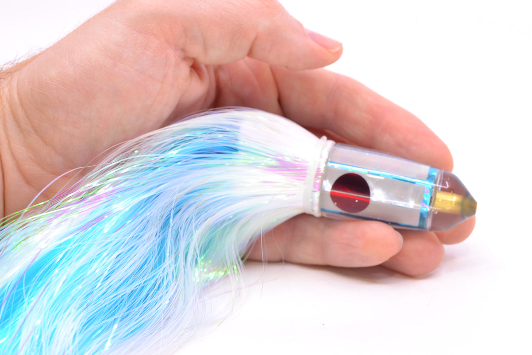Tanigawa Lures White MOP Red Eyes Small Bullet 7" 3.2oz Strobez White/Ice Blue